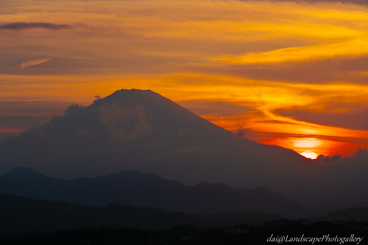 富士の裾野に沈む夕日